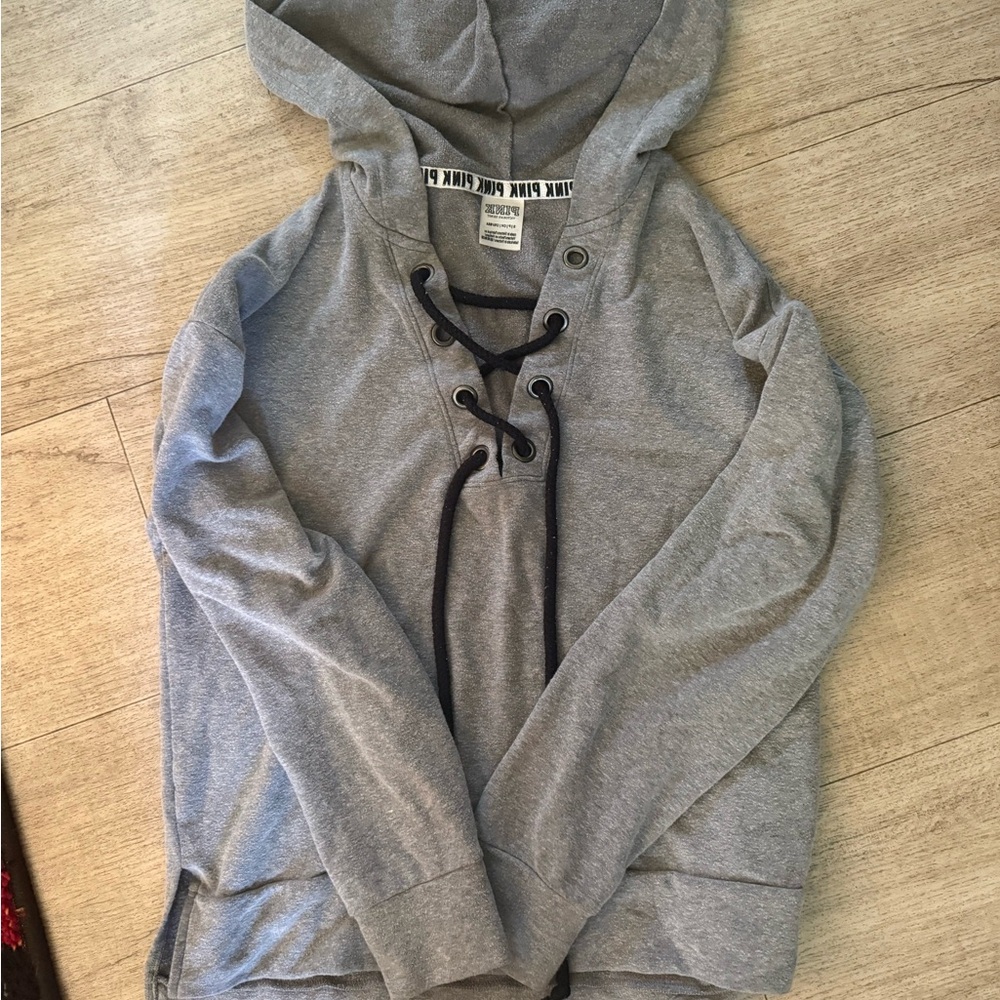 PINK Victoria's Secret Gray Hoodie with Lace-Up Detail